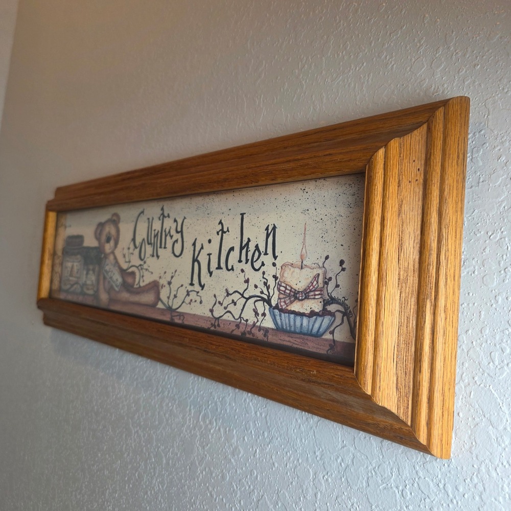 Vintage Mary Ann June Country Kitchen Oak Framed Art Primitive Teddy Bear - Picture 6 of 7